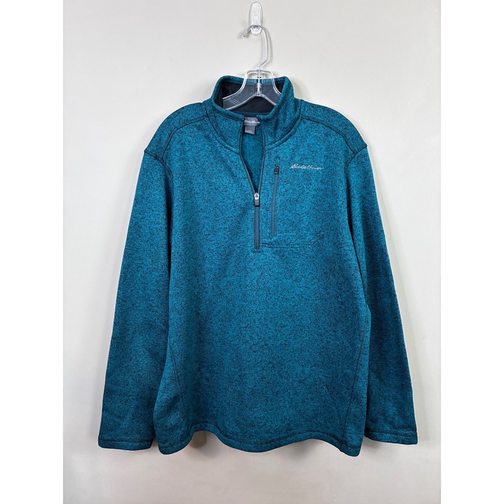 Eddie‎ Bauer Mens Large Teal Blue Marled Quarter Zip Fleece Pullover Sweater